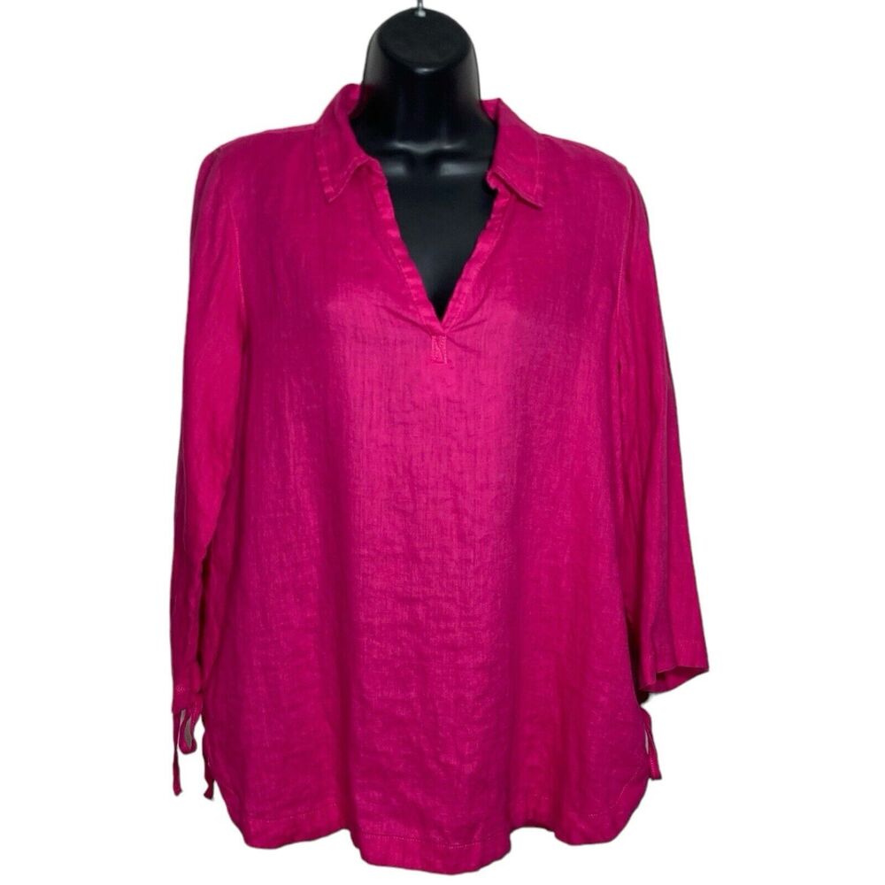 Isaac Mizrahi Linen Top Womens Small Pink 3/4 Sleeve V-Neck Shirt Coastal Beach